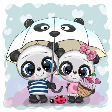 Yağmur altında şemsiye ile iki karikatür pandalar