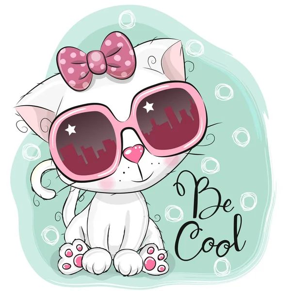 Dibujos animados lindo gatito blanco chica con gafas de sol — Vector de stock