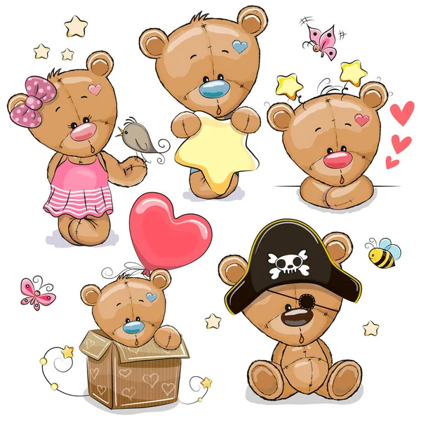 Conjunto de desenhos animados Teddy Bears em um fundo branco — Vetor de Stock