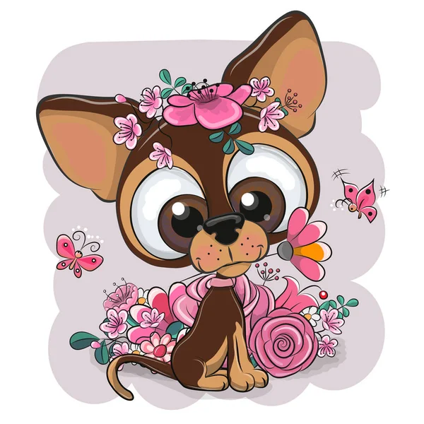 Wenskaart Puppy met bloem op een roze achtergrond — Stockvector