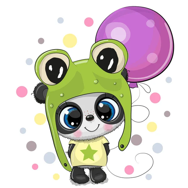 Blahopřání roztomilý kreslený Panda v žabí čepici s balónkem — Stockový vektor