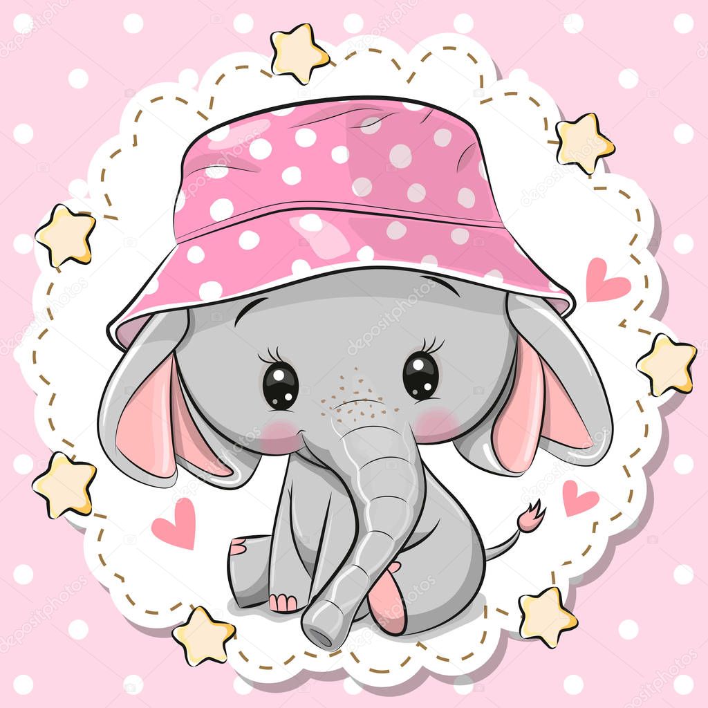 Cute Elephant in panama hat on a pink background