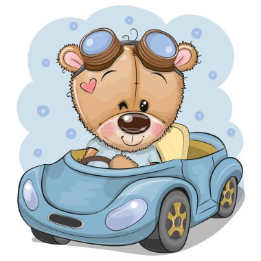 Gözlük Karikatür Teddy Bear Mavi bir araba gider