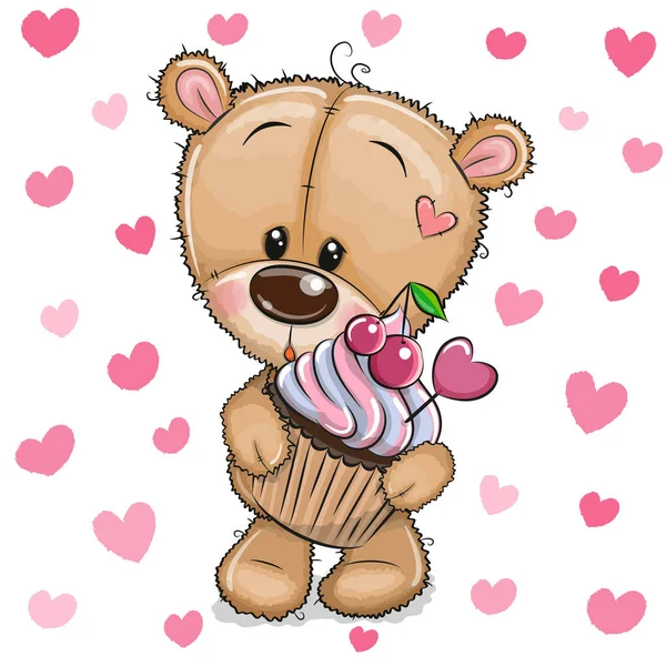 Cartoon Teddy Bear with Cupcake on a hearts background - Stok Vektor