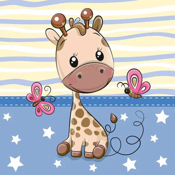 Roztomilý kreslený Žiraffe a motýli — Stockový vektor
