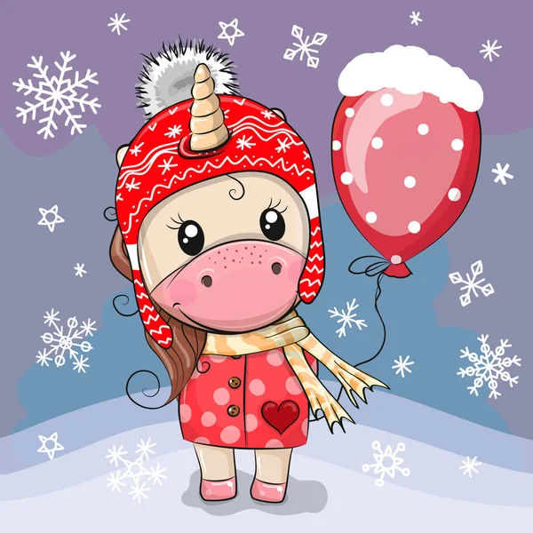 Unicornio de dibujos animados en un sombrero rojo con globo — Vector de stock