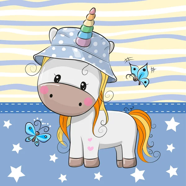 Cute Cartoon Unicorn in panama hat - Stok Vektor