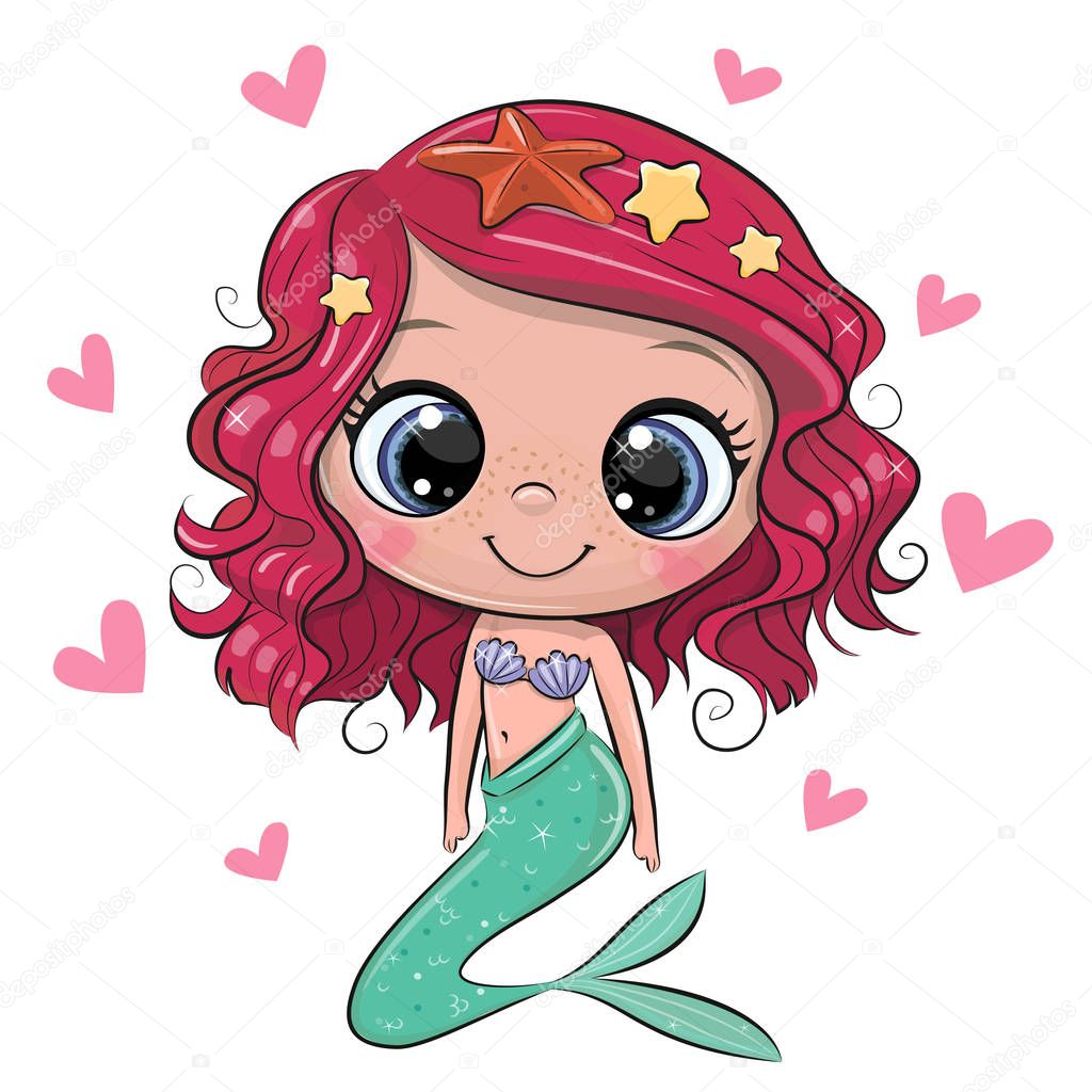 Cartoon Mermaid with pink hair on a white background