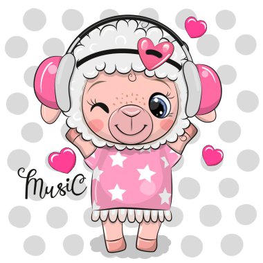 Pembe elbise ve kulaklık karikatür koyun