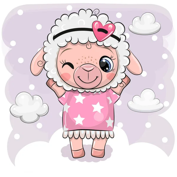 雲のバックグルードにピンクのドレスを着た漫画の羊 — ストックベクタ