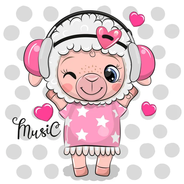 Cartoon Sheep in a pink dress and headphones — Stock Vector