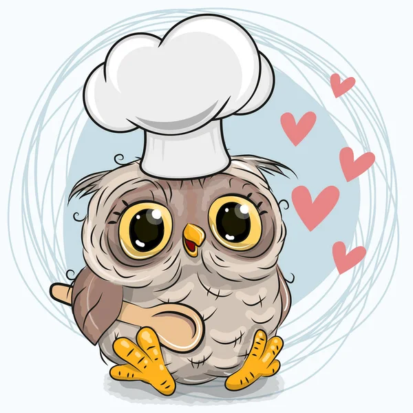 Caroon Owl dans un chapeau de cuisine avec cuillère — Image vectorielle