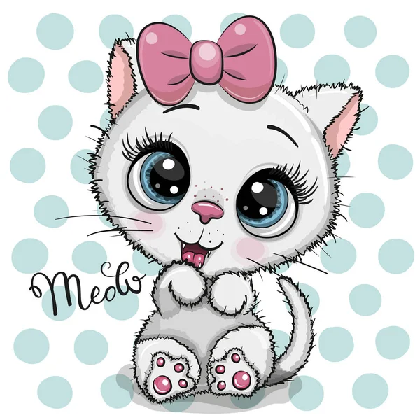 Cartoon wit kitten met een roze strik op een stippen achtergrond — Stockvector