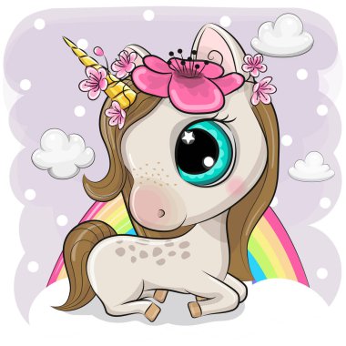 Bulutlar üzerinde Sevimli Karikatür Unicorn