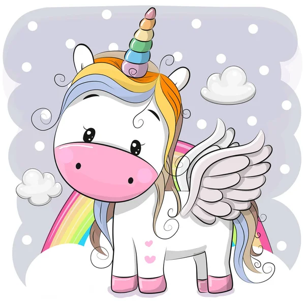 Carino cartone animato unicorno su nuvole — Vettoriale Stock