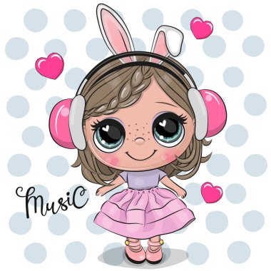Pembe elbise ve kulaklık karikatür kız