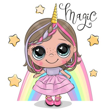 Sevimli Karikatür Unicorn Kız ve beyaz bir sırt izole bir gökkuşağı