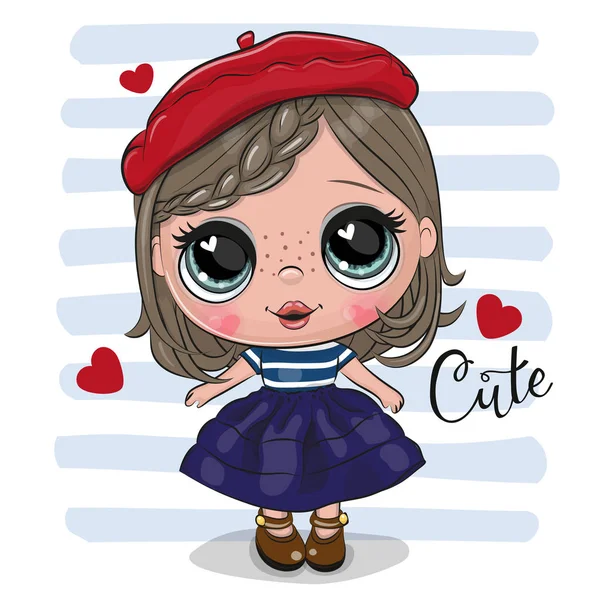 Cute Cartoon Girl w czerwonym Beret — Wektor stockowy