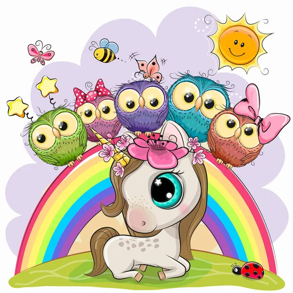 Cartoon Unicorn en vijf leuke uilen zit op een regenboog — Stockvector