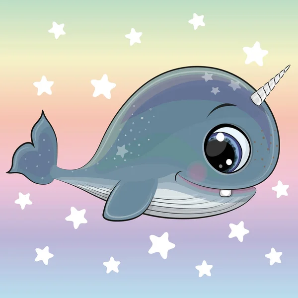 Balena cartone animato con corno su sfondo arcobaleno — Vettoriale Stock