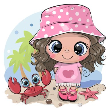 Cartoon Girl in a Panama hat and crab on the beach clipart