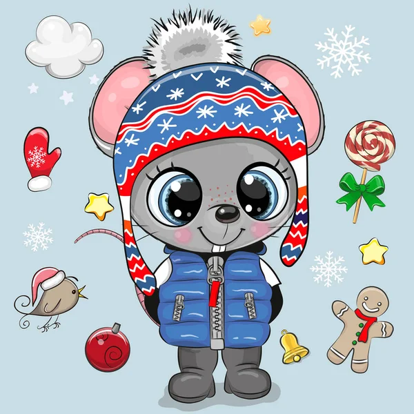 Cartoon mouse ragazzo in un cappello a maglia — Vettoriale Stock