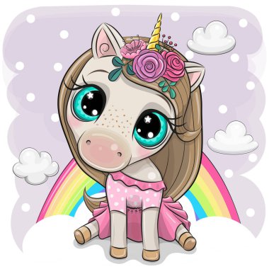 Bir gökkuşağı arka plan üzerinde bulutlar üzerinde çiçekler ile Karikatür Unicorn