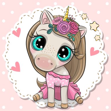 Pembe bir arka plan üzerinde bir çiçek ile Karikatür Unicorn