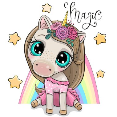 Karikatür Unicorn ve beyaz bir arka plan üzerinde izole bir gökkuşağı