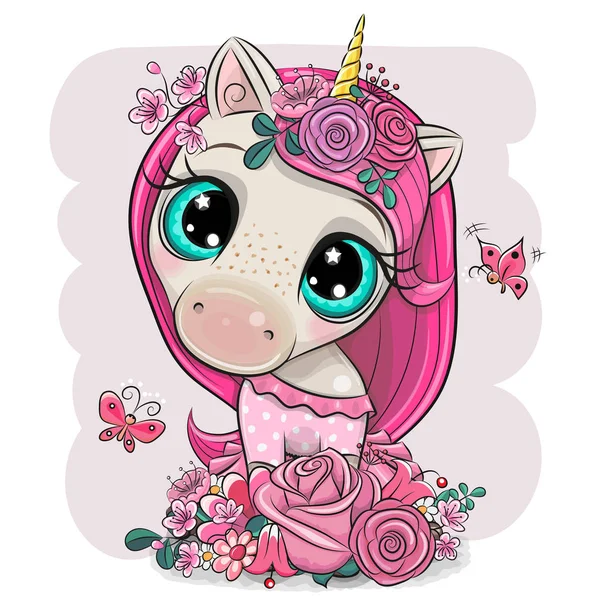Dibujos animados chica Unicornio con flores sobre un fondo rosa — Archivo Imágenes Vectoriales
