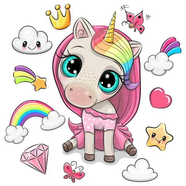 Arcobaleno ragazza unicorno e set di elementi di design carino — Vettoriale Stock