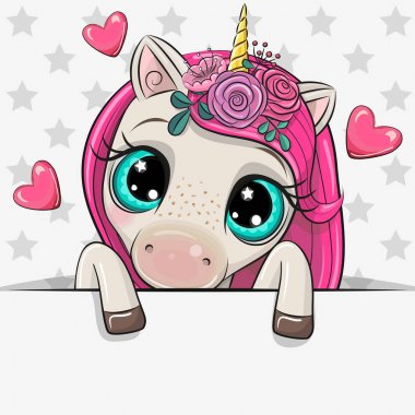 Karikatür Unicorn bir yıldız arka plan üzerinde bir pankart tutuyor