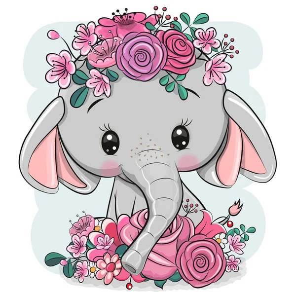 Elefante de dibujos animados con flores sobre un fondo blanco — Vector de stock