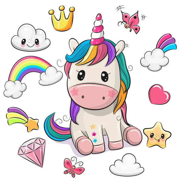 Cartoon Unicorn girl and set of cute design elements — Stock Vector