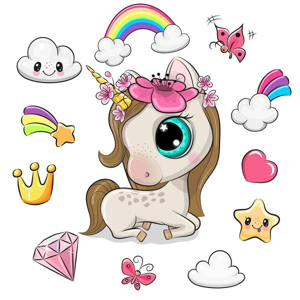 Cartoon unicorn girl and set of cute design elements — Stock Vector