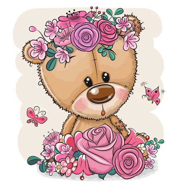 Cartoon Bear with flowers on a white background — Stock Vector