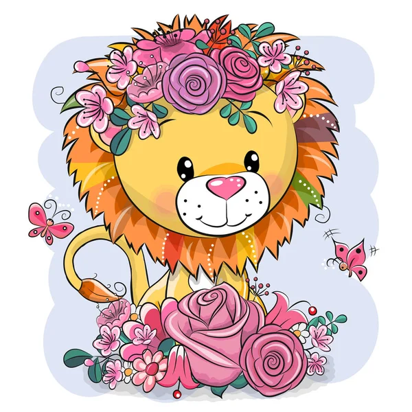 Leão dos desenhos animados com flores em um fundo branco — Vetor de Stock