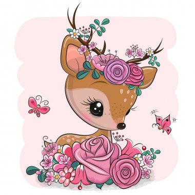 Pembe bir arka plan üzerinde çiçek ve kelebekler ile Woodland Deer