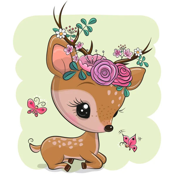 Woodland Deer with flowers and butterflies on a green background — Stock Vector