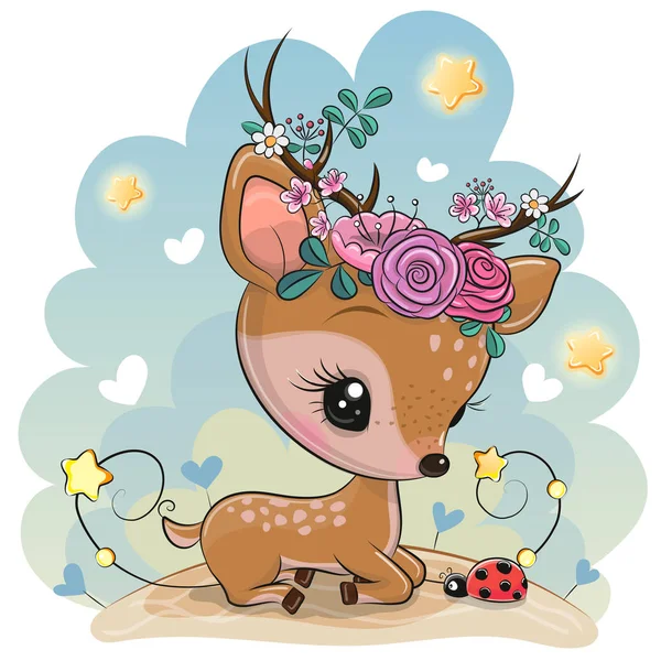 Kreslený dětský jelen s květinami na louce — Stockový vektor