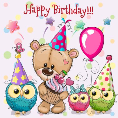 Balon ve kaput ile Teddy Bear ve baykuşlar