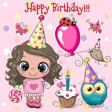 Cute Girl, owl and bird with balloon and bonnets clipart