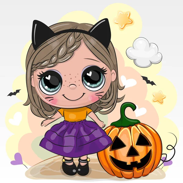 Halloween kaart met meisje in cosume zwarte kat op een gele blauw — Stockvector