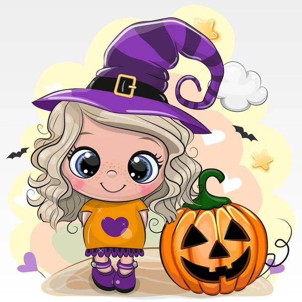 Halloween card with girl in a hat of witch on a yellow backgroun — Stock Vector