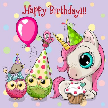 Balon ve kaput ile Sevimli Unicorn ve baykuş