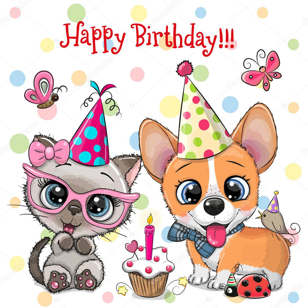 Cute Kitten and Puppy owls with balloon and bonnets