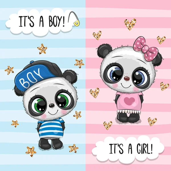 Tarjeta de felicitación con Cute Pandas chico y chica — Vector de stock