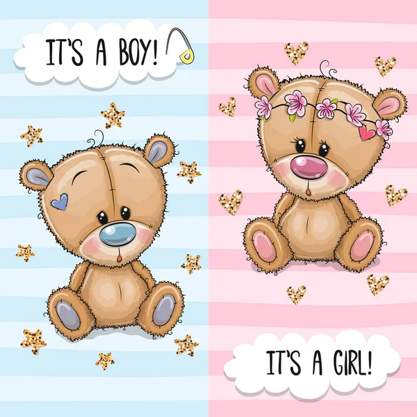 Tarjeta de felicitación con lindo osito de peluche niño y niña — Vector de stock