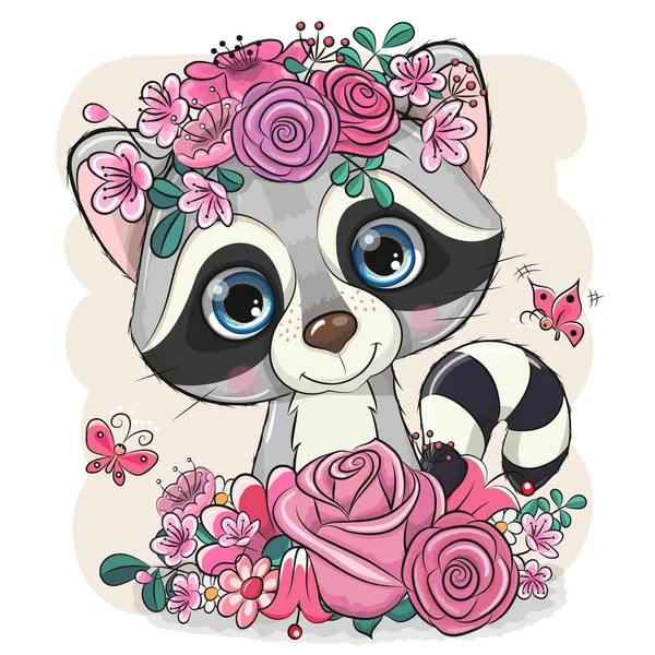 Raccoon z kwiatami na białym tle — Wektor stockowy