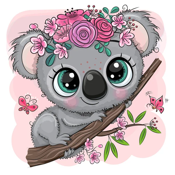 Koala com flores em uma árvore em um fundo rosa —  Vetores de Stock